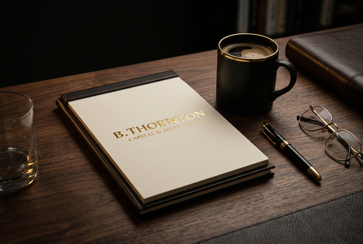 B. Thornton Capital & Asset Group branded notepad and coffee mug on a desk